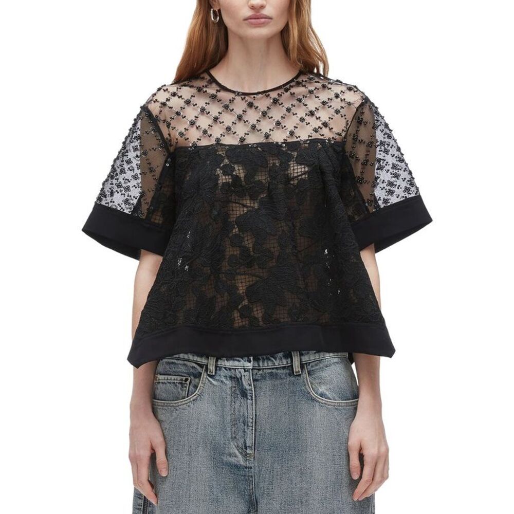 3.1 Phillip Lim Womens  Corded Lace Organza Short Sleeve Flounce Top